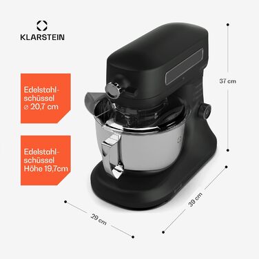 Кухонна машина Klarstein Chiara 1600W: 5л чаша з нержавіючої сталі, 12 швидкостей, LCD-дисплей, тиха робота (≤72 дБ), набір для випічки, корпус з алюмінію, чорний колір