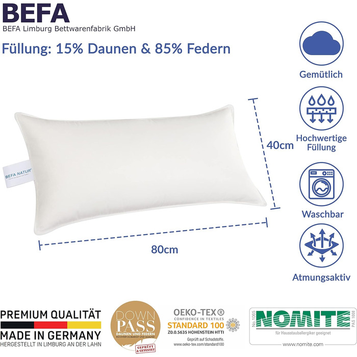 Подушка BEFA NATUR Made in Germany 40х80 см з 15 пухом і 85 пір'ям 1 класу, біла, вага наповнювача 600г. Підходить для алергіків (номіт), Downpass (2 шт. и) 2 шт. и ( в упаковці)