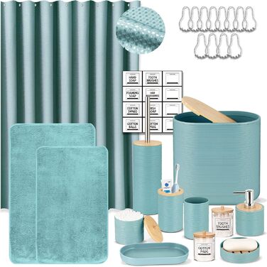 Набір аксесуарів для ванної кімнати IMAVO, 9 предметів: сміттєвий бак, дозатор мила, мильниця, тримач для зубних щіток, стакан для зубних щіток, тримач для унітазного йоржика, диспенсер для ватних паличок (Блакитний, 26 предметів + шторка для душу з факту