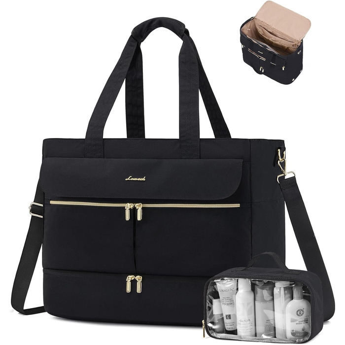 Сумка-валіза LOVEVOOK для жінок, 45L/57L, Weekender, ручна поклажа, велике відкриття, сумка для пологового будинку, спортивна сумка, Travel Duffle Bag, з відділенням для взуття та мокрою білизною (чорний)