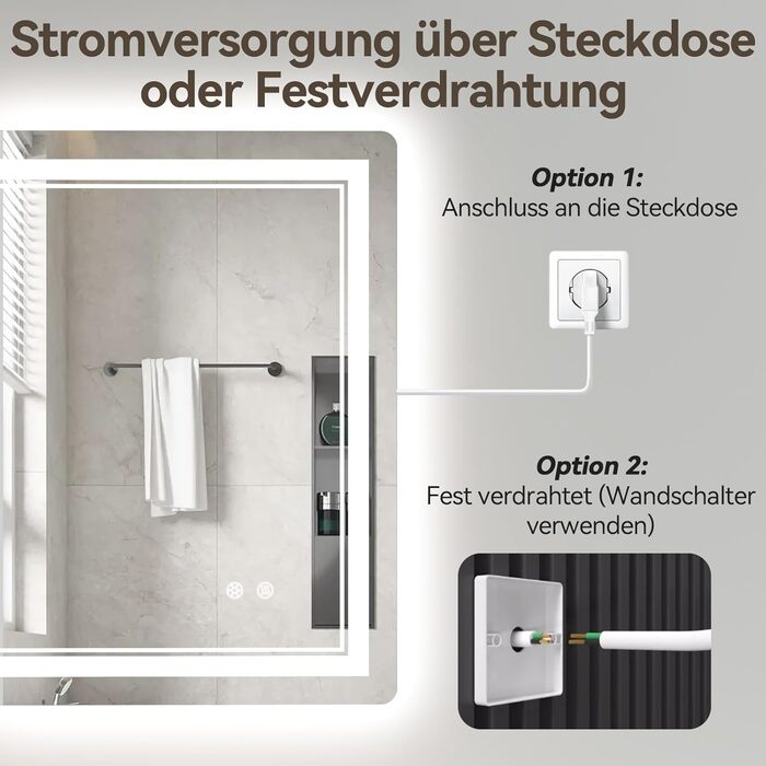 Дзеркало для ванної кімнати зі світлодіодним підсвічуванням 70x50 см, LED Smart дзеркало, антизапар, 3 кольори, регулювання яскравості, горизонтальне/вертикальне кріплення