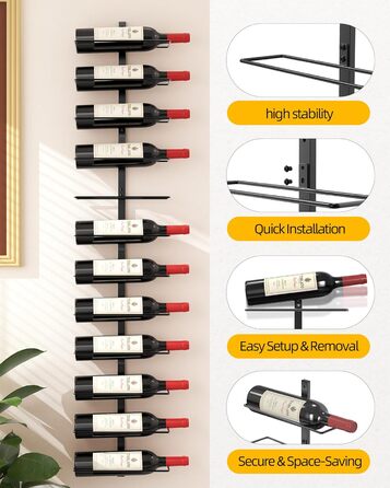 Настінна полиця для вина TJ.MOREE на 12 пляшок, дерев'яний винотримач для кухні, бару та їдальні, чорний комплект 8 шт.