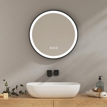 Круглий дзеркало для ванної кімнати EMKE з підсвічуванням 50 см, 3 кольори, регулювання яскравості, антизапар, пам'ять, сенсорне управління, таймер 3 години, енергозберігаючий