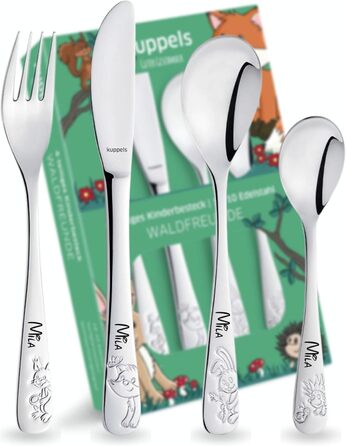 Дитячий столовий прилад Kuppels з гравіюванням імені – набір столових приладів для дітей від 3 років, 4-частинний, нержавіюча сталь, придатний для миття в посудомийній машині – персоналізований хрещення для дівчаток та хлопчиків, друзі лісу