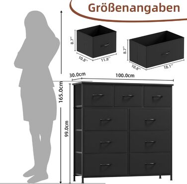 Комод Somdot з висувними ящиками, тканинний комод, комод для спальні, вітальні, передпокою, шафа для зберігання, 5 тканинних ящиків, білий колір (чорний, 30T x 100B x 96.5H см (9 ящиків))