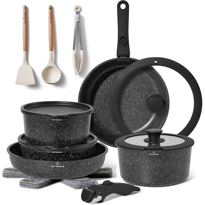 Набір кухонного посуду Just Perfecto 18 предметів з антипригарним покриттям, знімні ручки, для всіх типів плит (індукційні), без PFOA, чорний