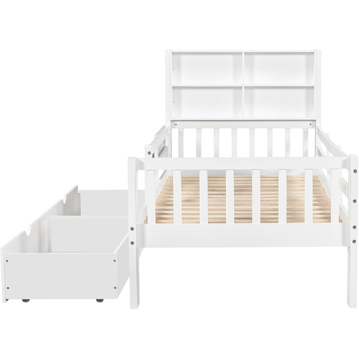 Дитяче ліжко Кiндербет 90x200 з шухлядами, полiцями та захистом, бiле. Ліжко-трансформер для підлітків, бiле, без матраца