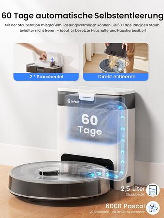 Робот-пилосос LEFANT M2 Pro Mondgrau з функцією миття, 5000Pa, LiDAR, 150 хв, розпізнавання килима, керування через додаток/голос, для видалення шерсті тварин, чорний