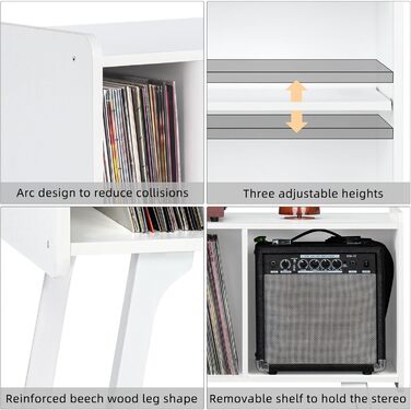 Підставка для програвача LELELINKY з 4 полицями для 220 альбомів, міцна дерев'яна конструкція, стіл Mid-Century, біла полиця для зберігання вінілу