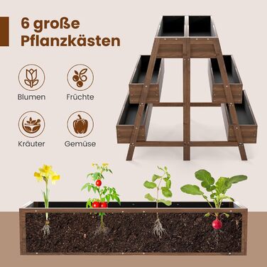 Вертикальна грядка COSTWAY з 3 ярусами, 6 контейнерами для квітів, дерев'яний ящик для рослин на терасу, балкон, сад - коричневий, 126x90x115 см