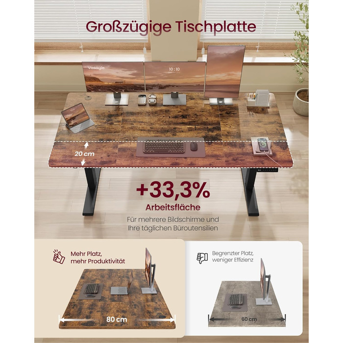 Стол для роботи VASAGLE з регулюванням висоти, USB-C, підставка для розеток, стоячий стіл, нагадування про перерви, 3 пам'яті, 160x80 см, Vintage Brown (LSD146WZ02)