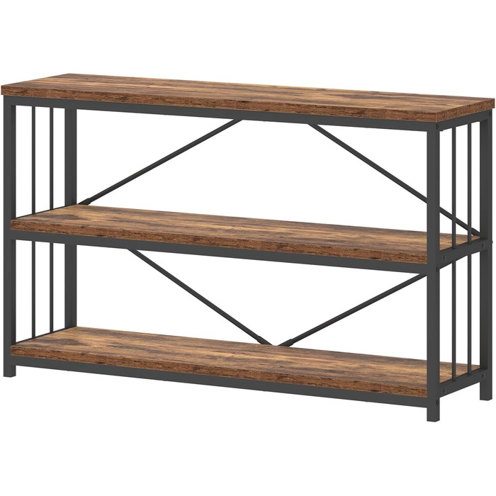 Низька полиця для книг IBF з 3 ярусами, індустріальний стиль, метал та дерево, 120x34x74 см, коричневий