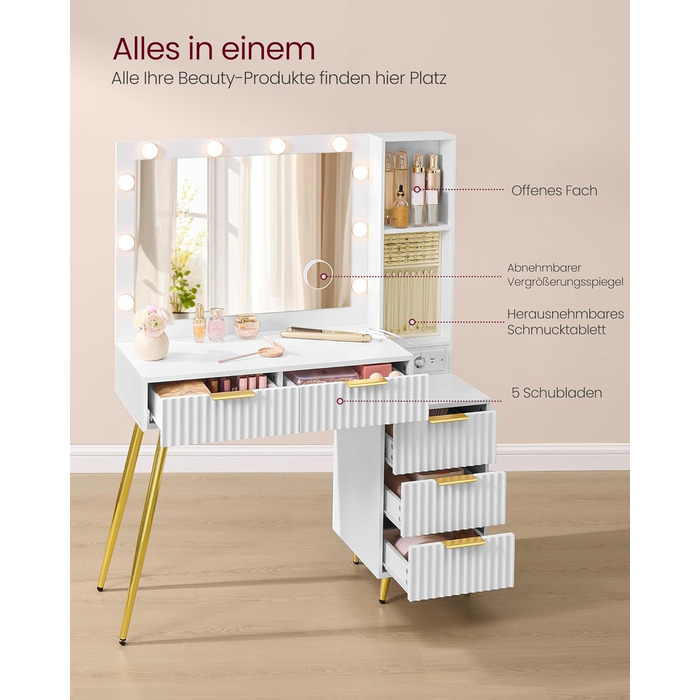 Дзеркальний туалетний столик VASAGLE з пуфом та 10x збільшенням, LED-підсвічуванням, ящиками та станцією для зарядки, 40 x 110 x 135 см, білий
