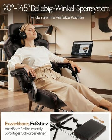 Ігровий крісло Dowinx з масажем, ергономічний дизайн, підтримка попереку та шиї, до 135 кг, шкіряне, чорний