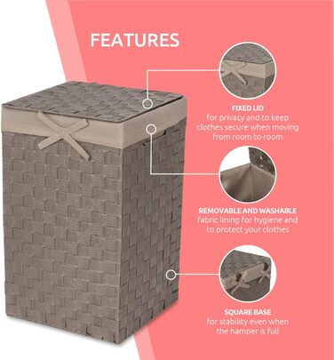 Кошик для білизни RAN6891 Stan з кришкою, ручками, плетіння, металевий каркас, знімний вкладиш з льону, 30 x 30 x 50 см, Бежевий, Коричневий