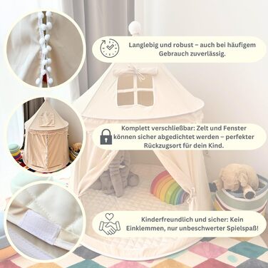 Намет для дітей Tipi з м'якого бавовняного полотна Silky-Cotton | Бежевий, 1 вхід, 3 вікна, Tasche & Bodenmatte | Стабільний намет-іграшка для хлопчиків та дівчаток