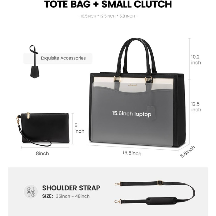 LOVEVOOK Сумка для ноутбука 15.6 дюймів, жіноча, велика, з натуральної шкіри, сумка-шоппер, сумка-тоут, для роботи, навчання, універсальна, чорно-бежева