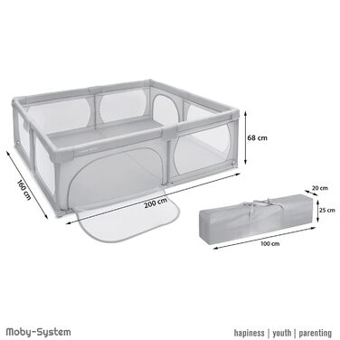 Дитячий манеж Moby System, критий дитячий центр активності з нековзною основою, стійкий, захисні ворота, водонепроникний матеріал, сумка для транспортування, 200*160 см, сірий 1.6