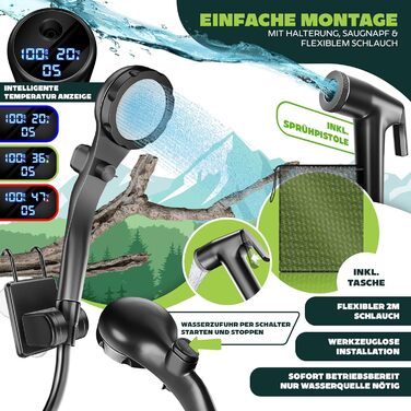 Соняшний душ KESSER® з насосом та акумулятором 8000mAh. Комплект для кемпінгу: регульована лійка, шланг 2м, пістолет-пульверизатор, кріплення. Без бака (Чорний/Чорний)