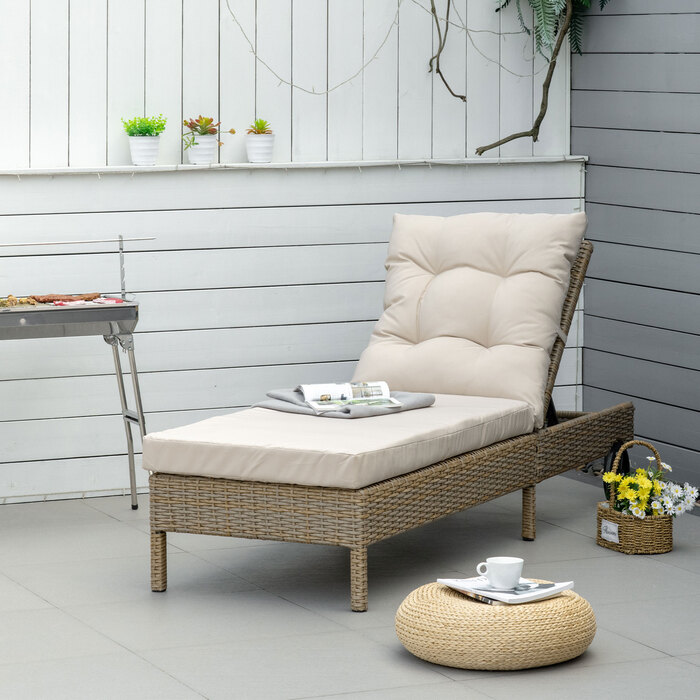 Шезлонг Outsunny Poly Rattan Садовий шезлонг регульований з подушкою в натуральному хакі 200x66x92см для саду та патіо