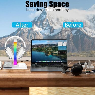 Підставка для навушників з бездротовим зарядним пристроєм, RGB-підсвічуванням, сумісна з AirPods Max, iPhone, Samsung. Подарунок для геймера