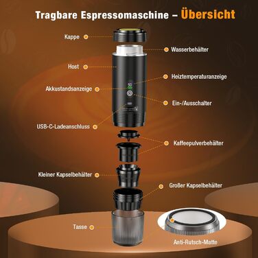 Міні кавомашина FNITAER для подорожей: 3-в-1, акумулятор, USB, капсули та мелена кава, для авто, кемпінгу, чорний