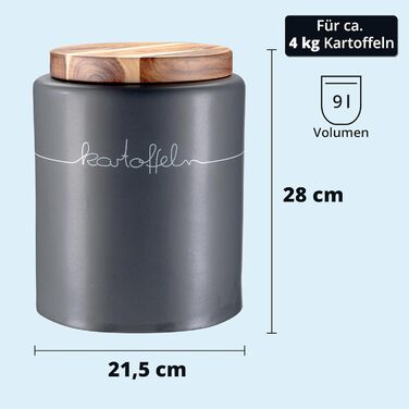 Контейнер для картоплі KHG, кераміка, сірий антрацит з дерев'яним кришкою, 4 кг, з маркуванням, висота 28/21,5 см