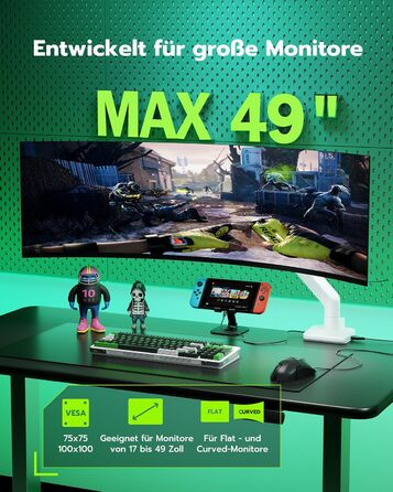 Кріплення для монітора ARES WING з USB A/C, кріплення для монітора 17-49 дюймів, підставка для монітора з газовою пружиною, VESA 75/100 мм, білий