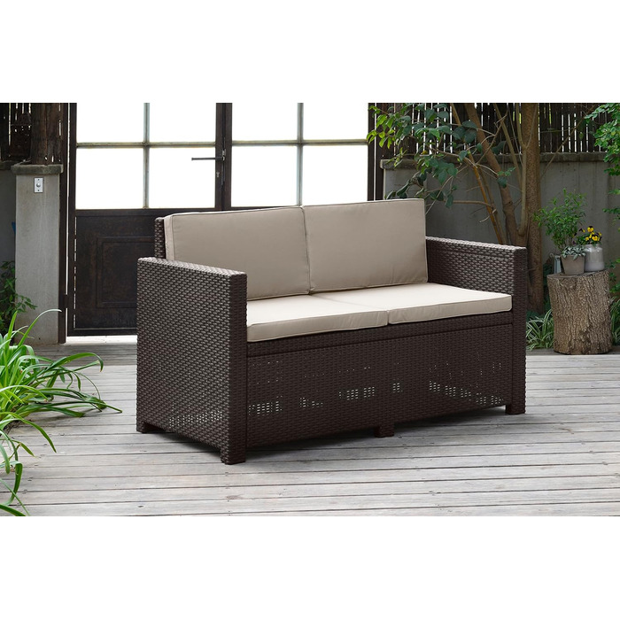 Садовий диван Allibert Victoria 2-місний ротанг коричневий з подушками 129x63x77 см