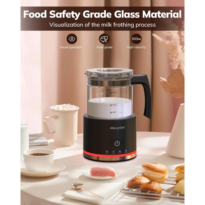 Електричний піноутворювач для молока Morpilot, 130-500 мл, 600 Вт, 4-в-1, для гарячого та холодного молока, миється в посудомийній машині, скляний, дизайн Latte, чорний