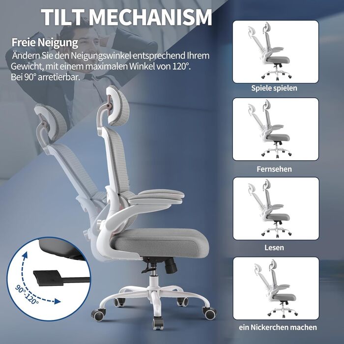 Ергономічне крісло TRALT для офісу з регульованою підтримкою попереку та підголівником. Ігрове крісло, офісне крісло для дому та офісу. Максимальне навантаження 150 кг, сірого кольору.