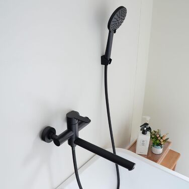 Змішувач для ванни PHASAT з витяжною лійкою, чорний, настінний монтаж, PTBB13E Long spout