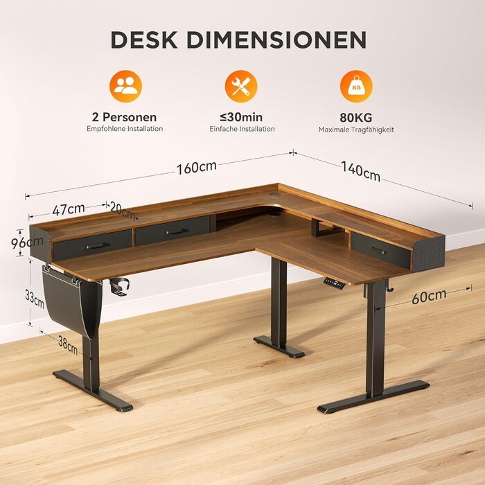 Регульований кутовий стіл L-подібної форми, електричний, 160 x 140 см. З 3 висувними ящиками, для офісу, геймінгу. Чорний горіх.