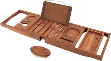 Підставка для ванни VaeFae з текового дерева, регульована, з тримачем для напоїв та книг, висувна, з безкоштовною тековою щіткою для тіла