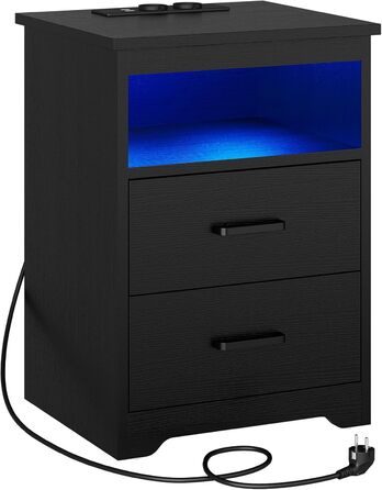 Приліжкова тумба з LED-підсвіткою, зарядною станцією та USB, 2 шухляди, чорна, для спальні та вітальні