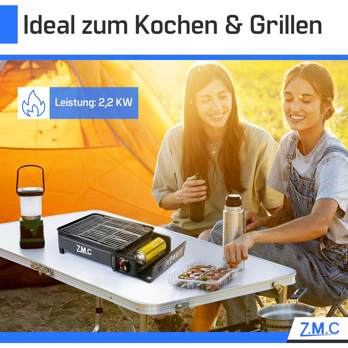 Z.M.C. 2-в-1 газовий набір для кемпінгу: плита та гриль з аксесуарами та кейсом. Газовий гриль та плита з пьезозапалюванням, 2.2kW, LPG-підключення