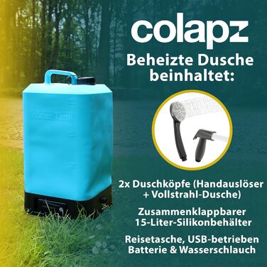 Портативна кемпінгова душ Colapz з акумулятором та помпою – перезаряджувана душ для кемпінгу, автодому, вана, автомобіля та домашніх тварин (душ з підігрівом)