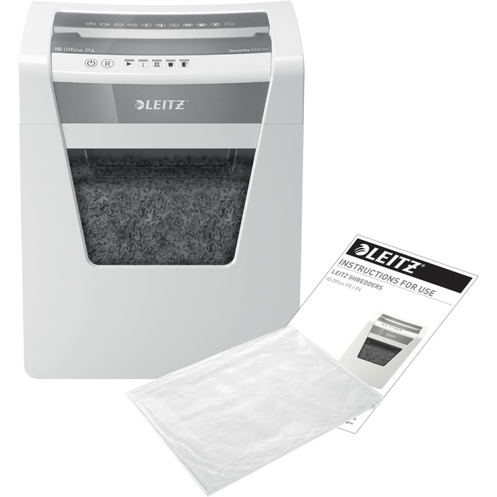 Шредер Leitz IQ Office P5, мікроріз, 11- (70-80 г/м²), сертифікований TÜV+GS, 2 години роботи, висувний 23L контейнер, тихий офісний шредер, білий