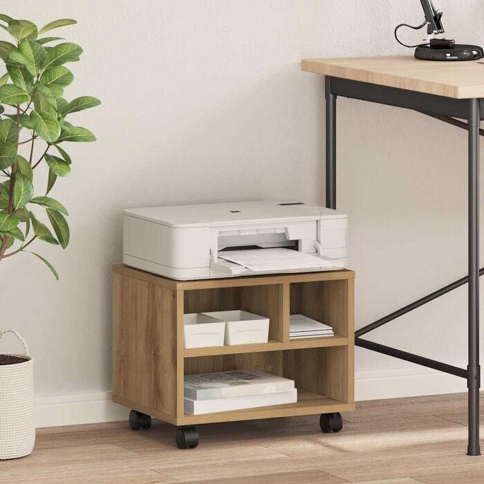 Підставка для принтера на колесах з місцем для зберігання, білий ДСП (дуб ручної роботи)