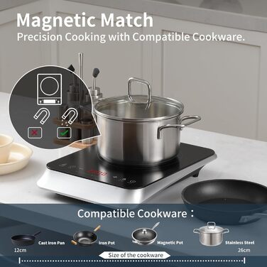 Індукційна конфорка COOKTRON 2000 Вт, 29 см, 10 рівнів температури, таймер на 4 години, сенсорне керування, функція підсилення