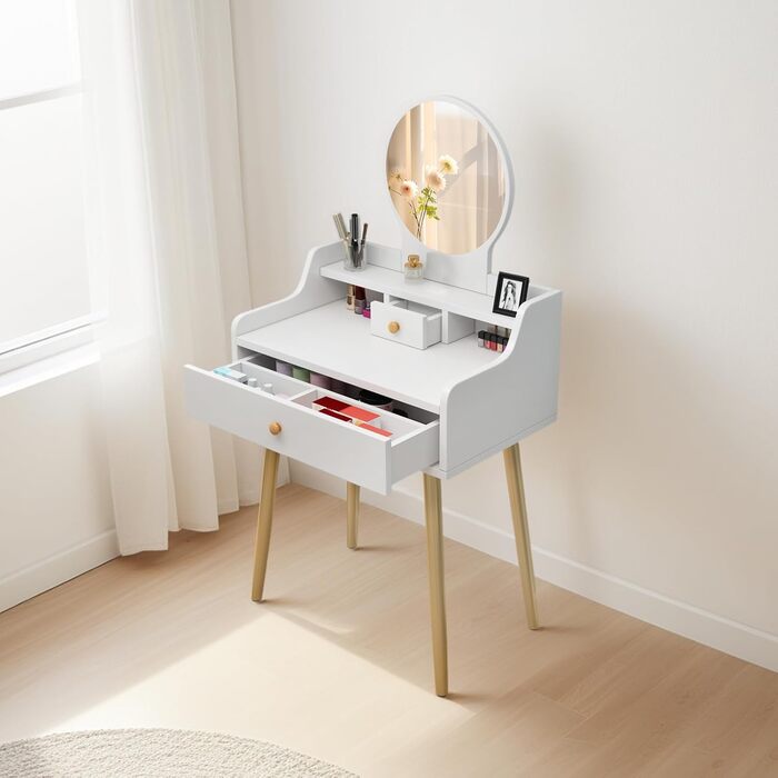 Дзеркальний туалетний столик DATO з LED-підсвічуванням, 3 режими кольору та регулюванням яскравості, з пуфом, 5 шухляд та 3 полиці, розсувний дзеркало (121)