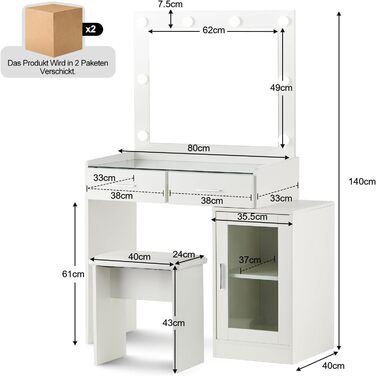 Світлодіодний туалетний столик CLIPOP з підсвічуванням та табуреткою, 2 шухляди шафа, сучасний набір для макіяжу
