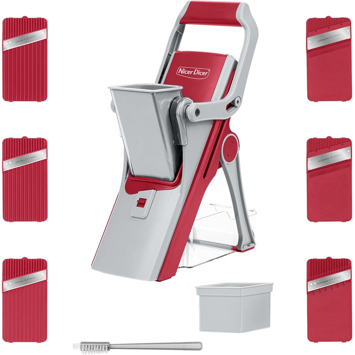 Nicer Dicer Mandoline 12-ти частинний набір для нарізки овочів: слайсер, шматовиця, для гурки, кухонний слайсер, слайсер для джиран, для нарізки соломкою, преміум-якість, турквіз/зелений (червоно-сірий)