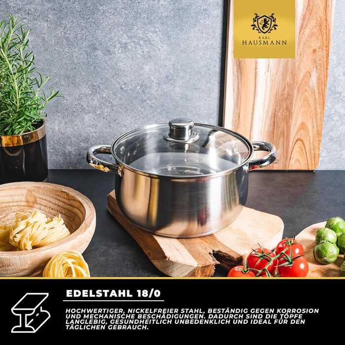 Набір каструль Karl Hausmann з нержавіючої сталі (індукційні) 3 шт. - для всіх типів плит - з кришкою з термостійкого скла - з мірною шкалою