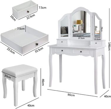 Туалетний столик Meerveil з табуреткою, 3 дзеркала, 4 ящики, нековзний, білий