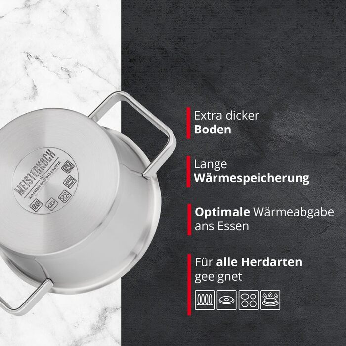 Каструля Meisterkoch з нержавіючої сталі 16 см з виливом, мірною шкалою та ізольованою ручкою | з кришкою з скла та ситом | кухонне приладдя, підходить для індукційних плит