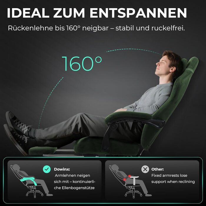 Ігрове крісло Dowinx з масажем попереку, регульованою підголівником, потовщеним сидінням, висувною підніжкою, регульованими підлокітниками, мікрофіброю велюром, нахилом 160°, (зелене)