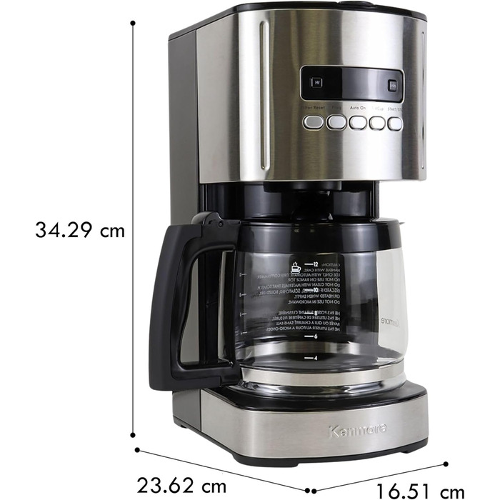 Кавоварка Koolatron Kenmore на 12 чашок, програмована кавоварка з фільтром 1.8 л крапельна кавоварка з технологією швидкого заварювання, цифровий дисплей, таймер, скляний графин, безпечний для посудомийної машини, нержавіюча сталь, (чорний)