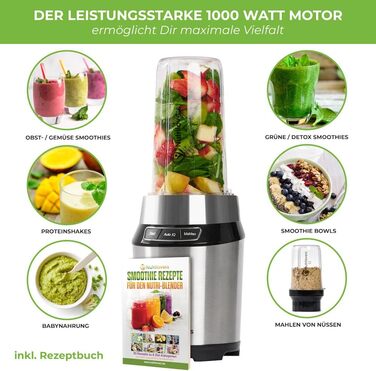 Міні-блендер Nutrilovers NUTRI-BLENDER 1000 Вт для смузі, без бісфенолу А, з книгою рецептів та аксесуарами