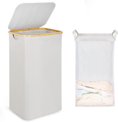 Великий кошик для білизни з кришкою, 100 л, з бамбуковими ручками, для зберігання одягу та іграшок, складний, з внутрішньою кишенею, для спальні та ванної кімнати